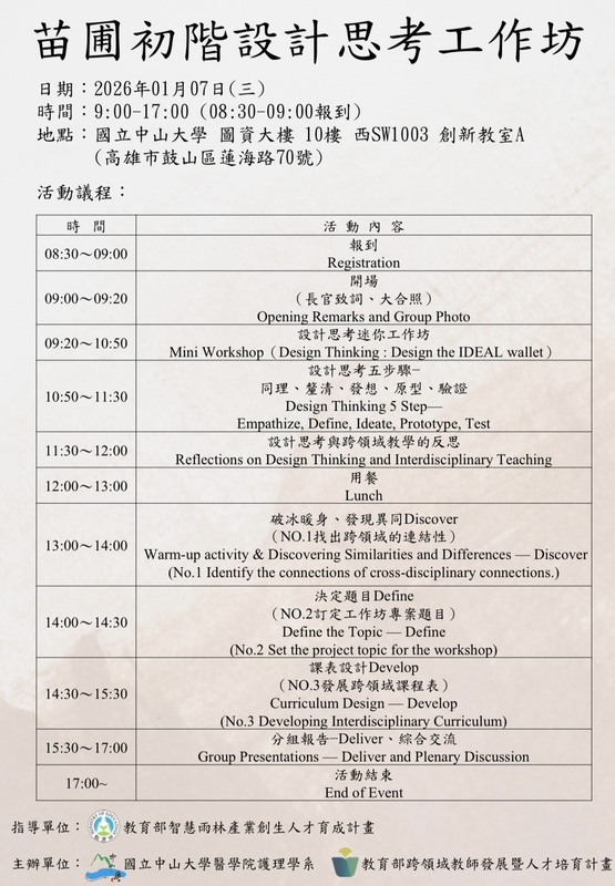 [活動公告] 護理學系115年1月7日(週三) 舉辦苗圃計畫「初階設計思考工作坊」，歡迎教師踴躍報名參加圖片